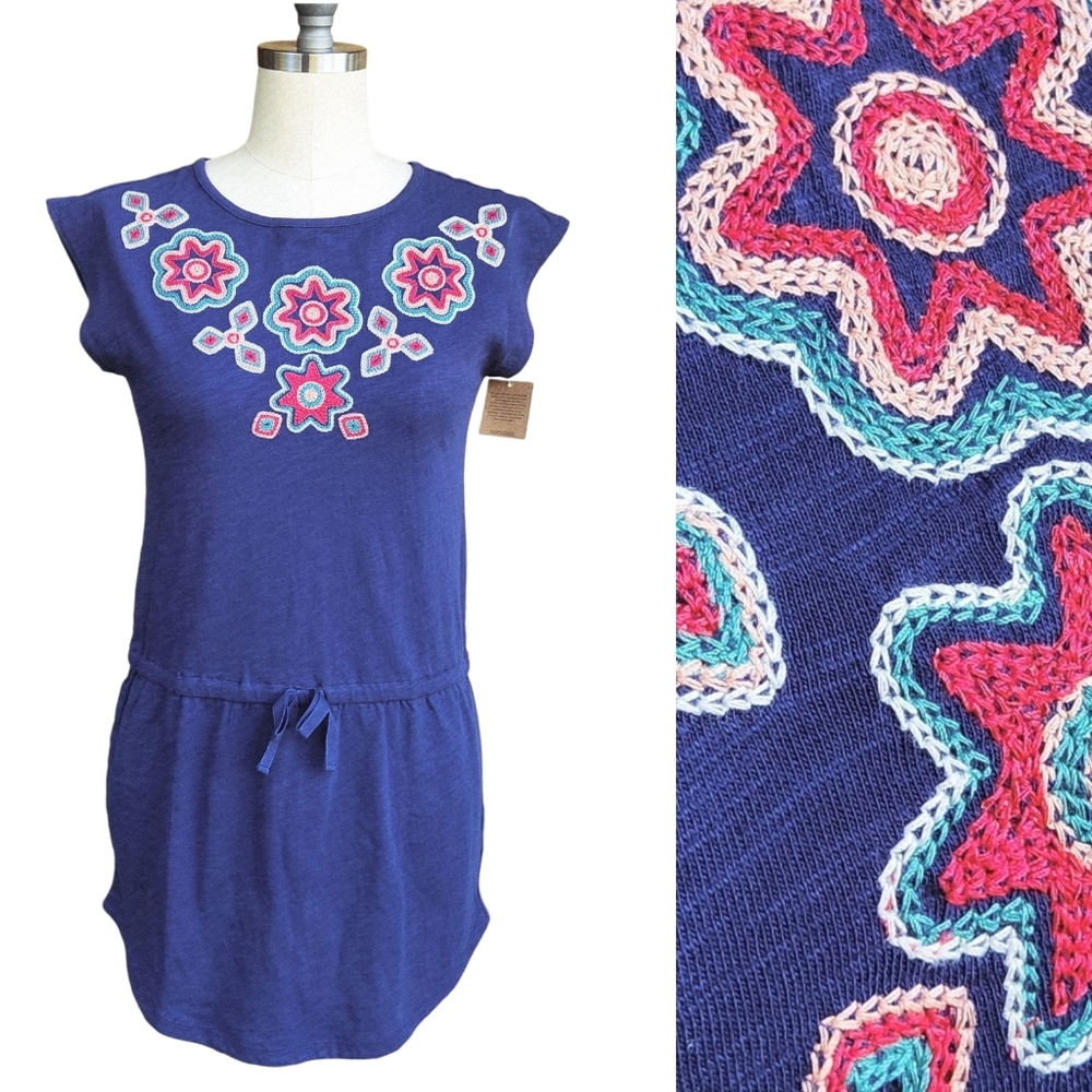 Tea Collection 14 Girls Tunic Shirt Blue Embroidered Floral Pockets Waist Tie